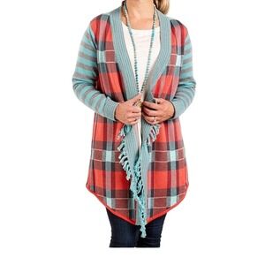 Matilda Jane Steadfast Open Front Cardigan Boho‎ Fringe Trim Teal Stripe S 321